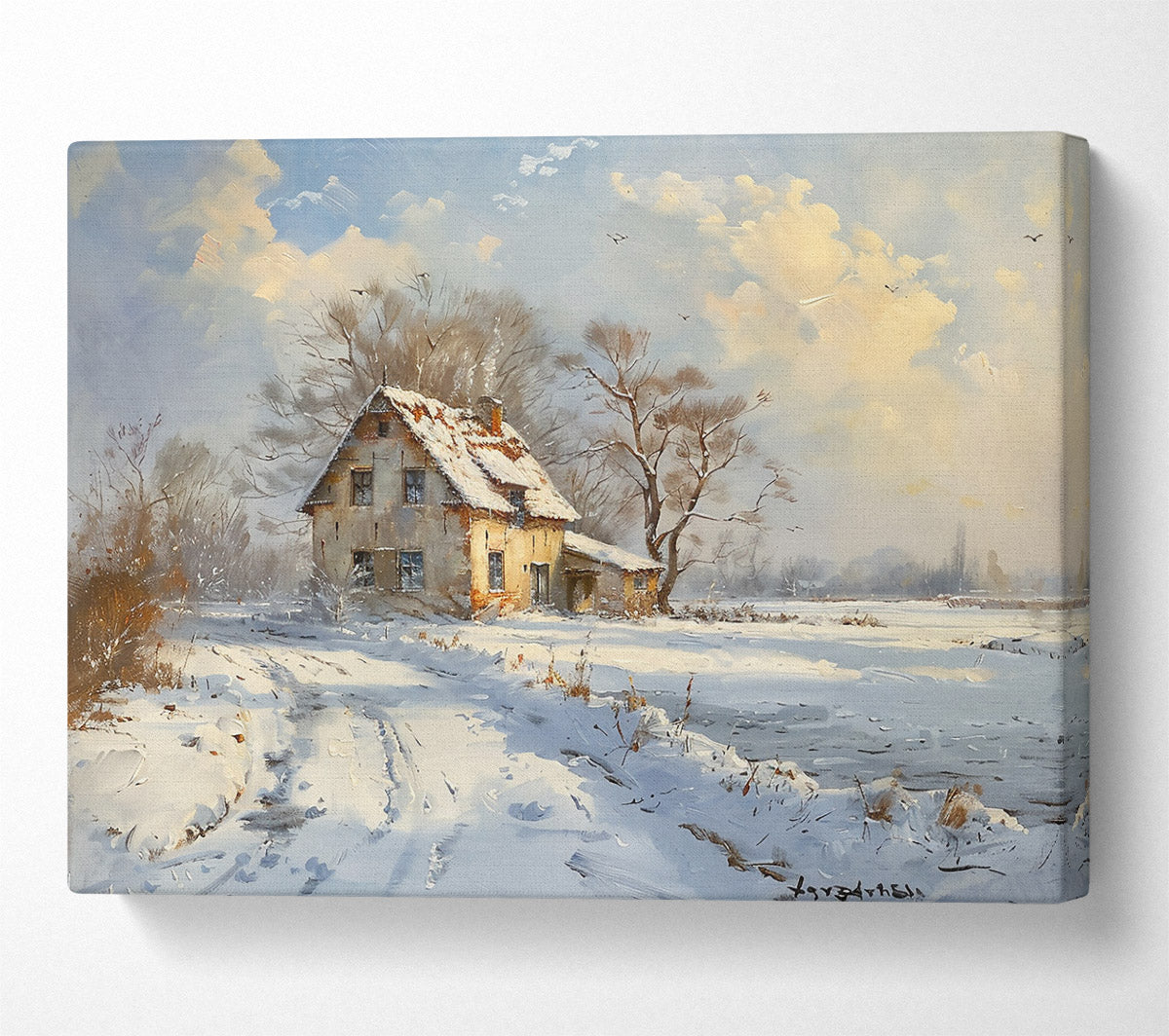 White Winter Cottage Canvas Wall Art