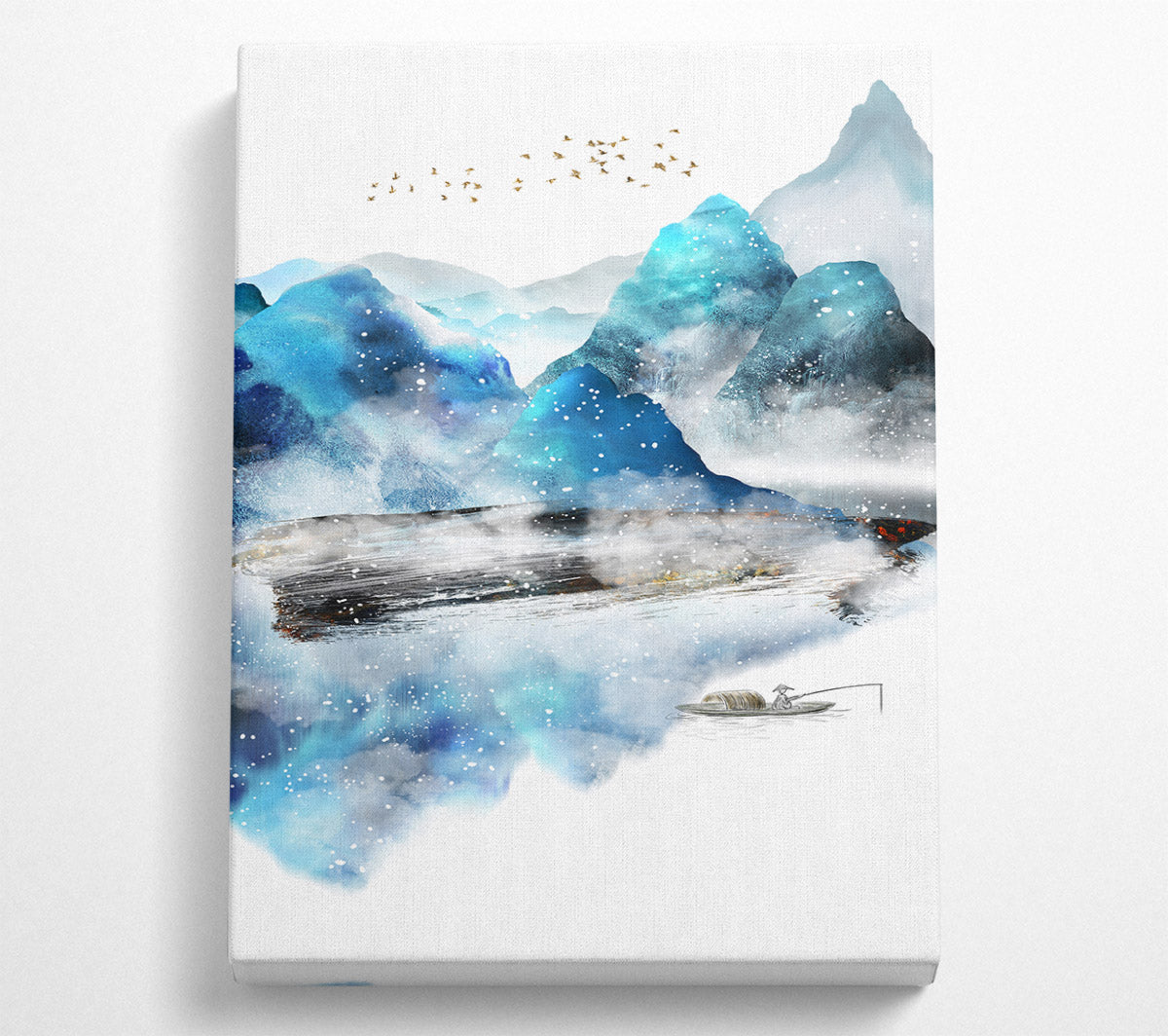 Blue Abstract With Boat On Lake Canvas Wall Art