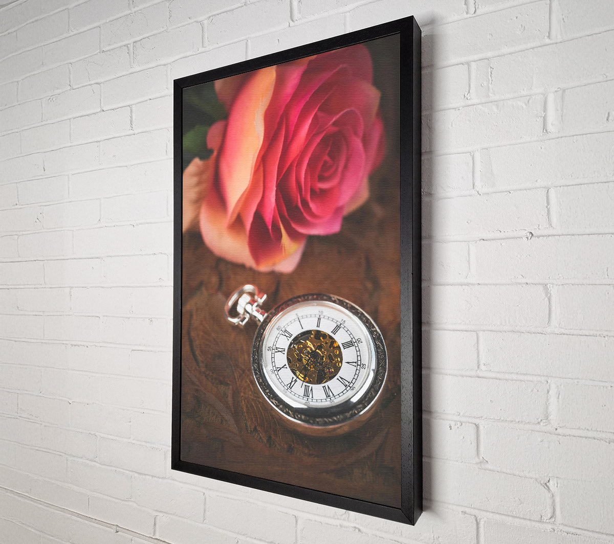 Pink Rose And Timepiece Canvas Wall Art