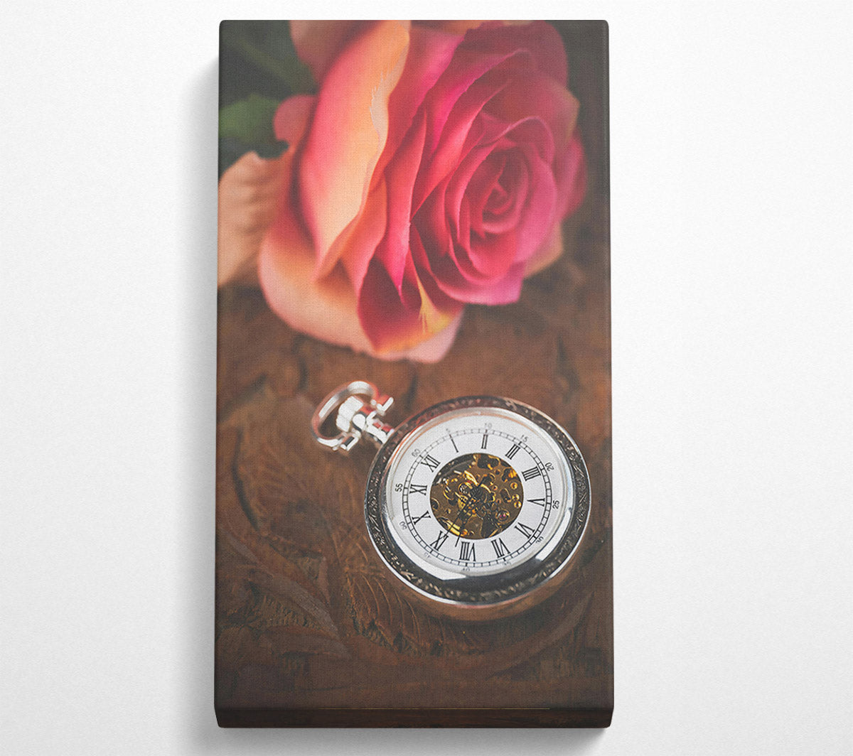 Pink Rose And Timepiece Canvas Wall Art