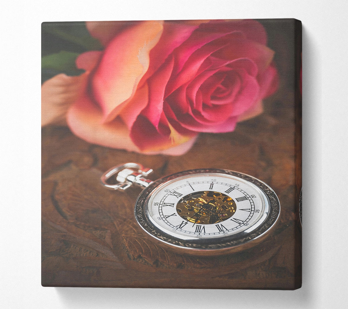 Pink Rose And Timepiece Canvas Wall Art
