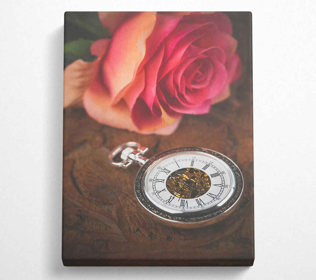 Pink Rose And Timepiece Canvas Wall Art
