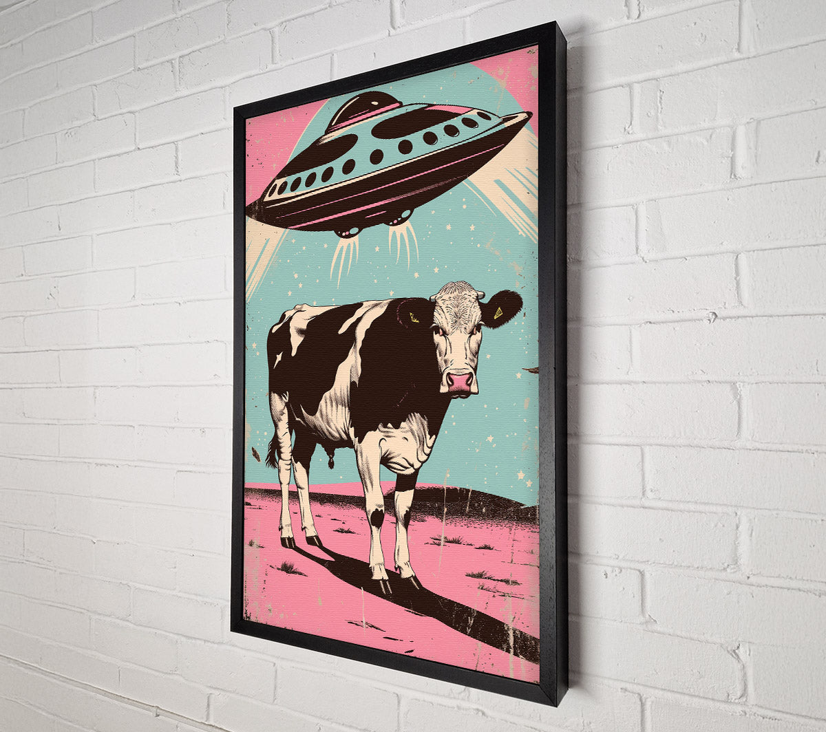 Pink Ufo Over Cow Canvas Wall Art