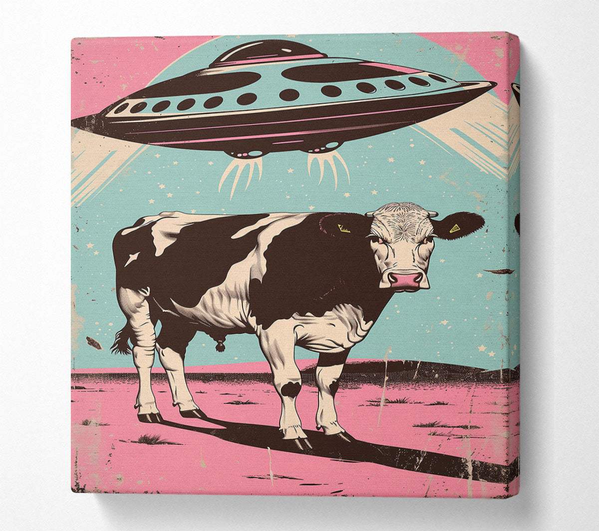 Pink Ufo Over Cow Canvas Wall Art