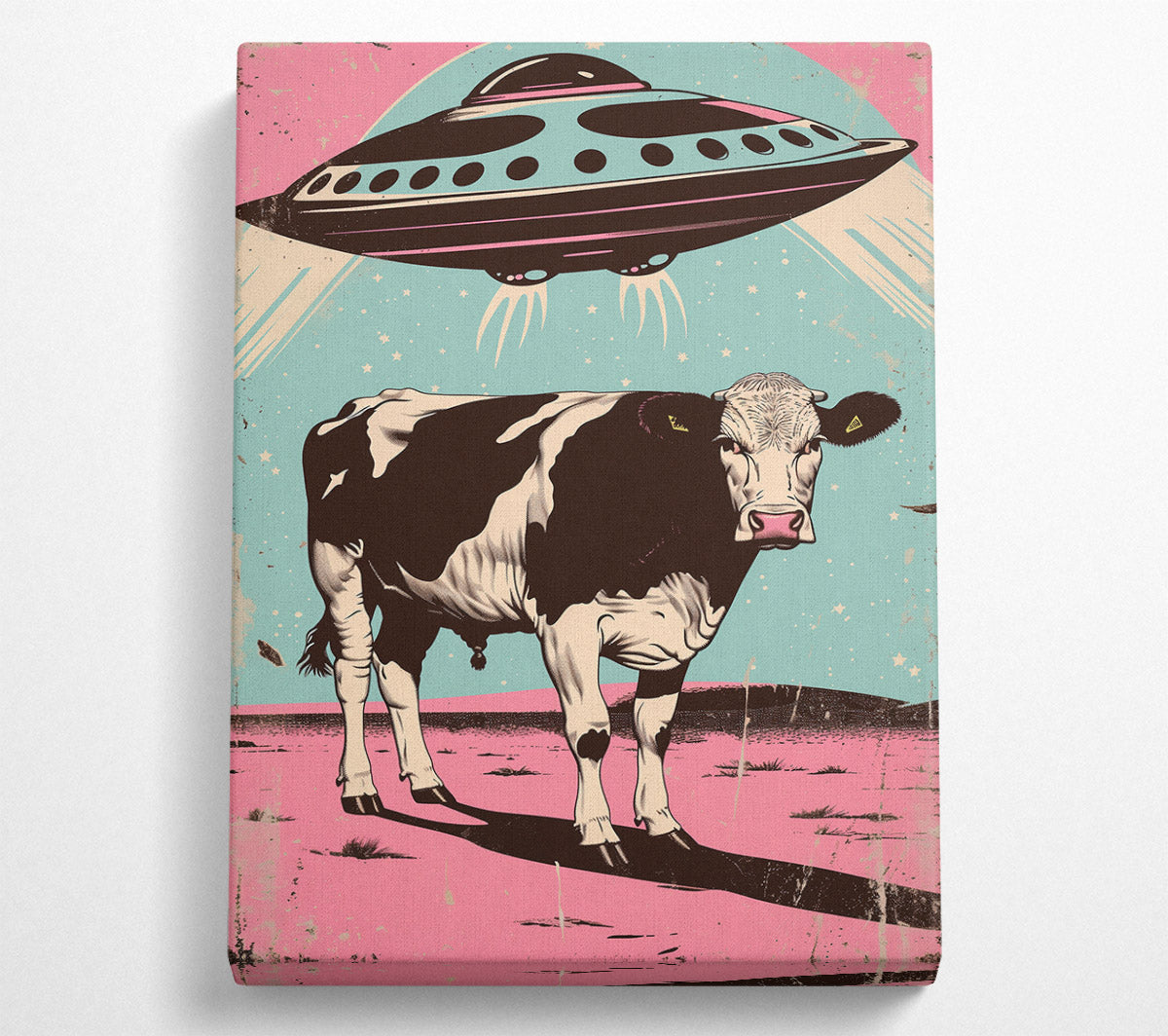 Pink Ufo Over Cow Canvas Wall Art