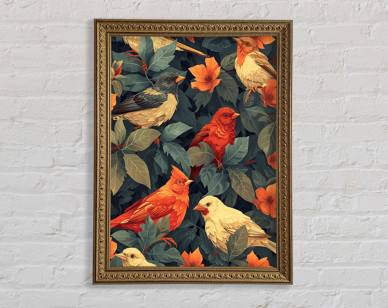 Decorative Birds Orange Framed Print