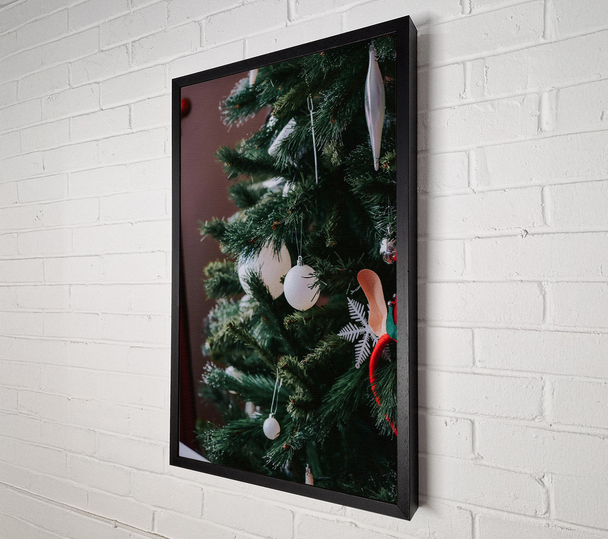 White Baubles On Green Tree Canvas Wall Art