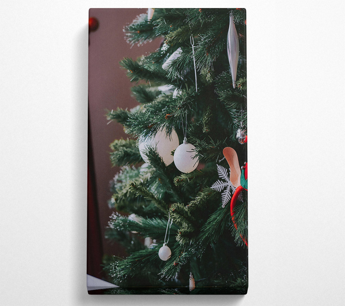 White Baubles On Green Tree Canvas Wall Art