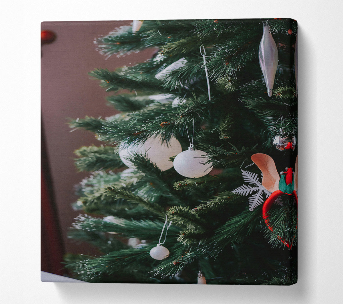 White Baubles On Green Tree Canvas Wall Art