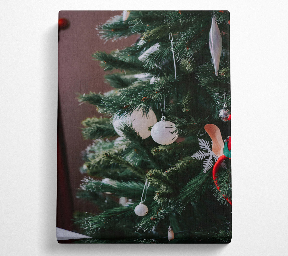 White Baubles On Green Tree Canvas Wall Art