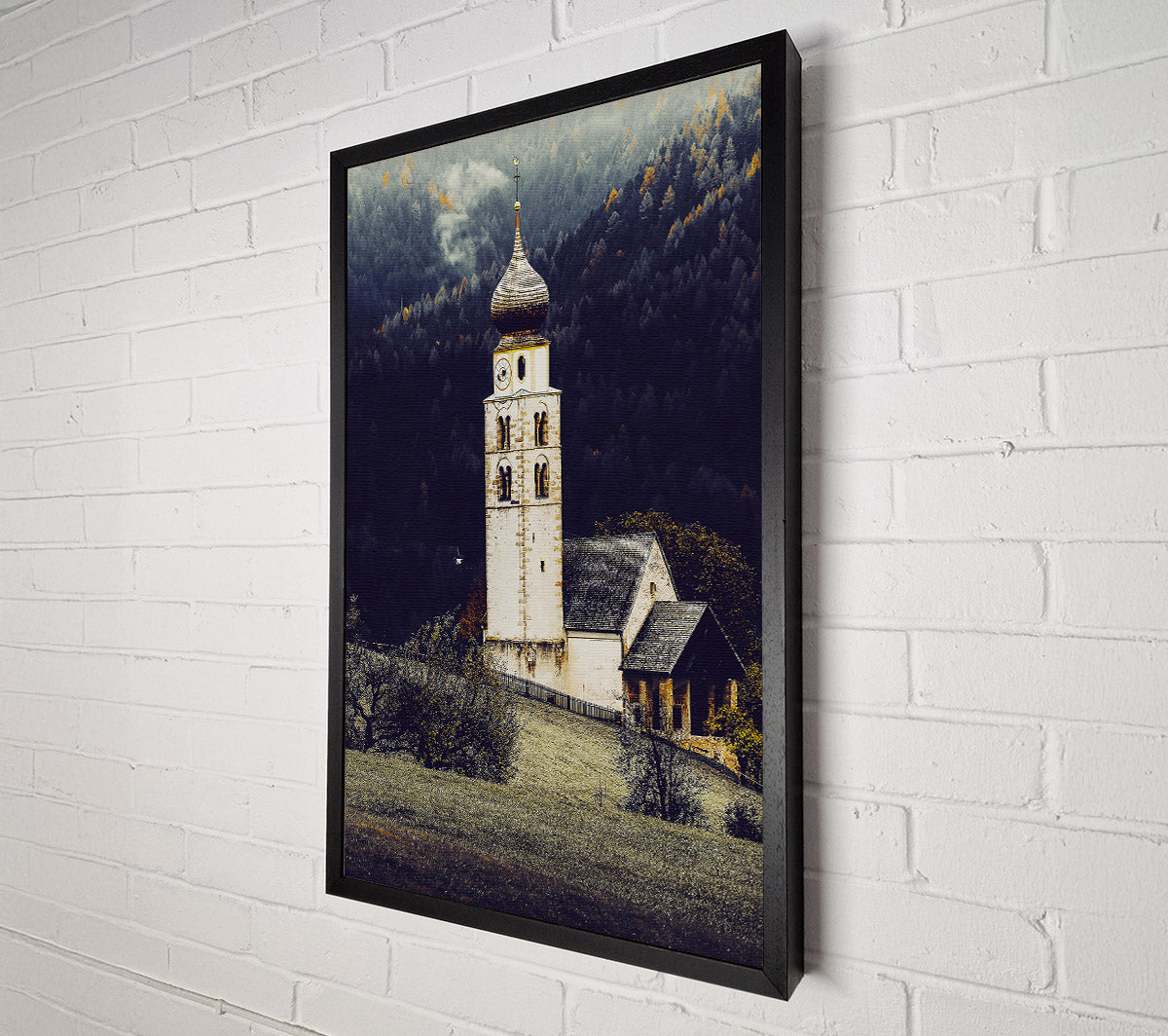 White Church In Foggy Hills Canvas Wall Art