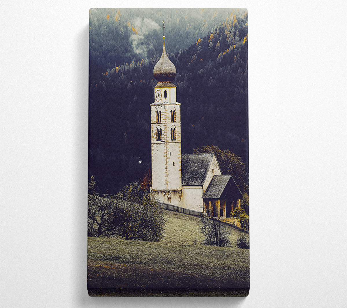 White Church In Foggy Hills Canvas Wall Art
