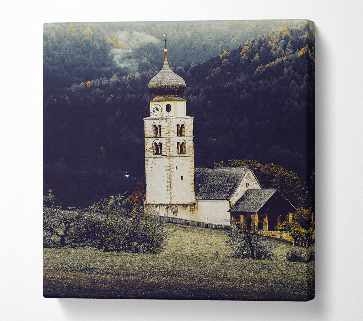White Church In Foggy Hills Canvas Wall Art