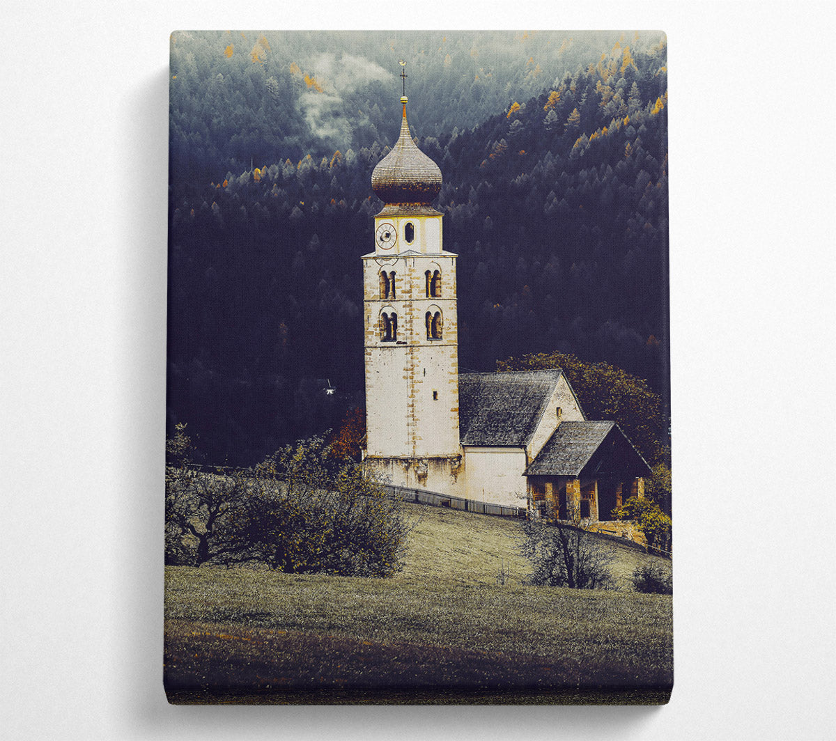 White Church In Foggy Hills Canvas Wall Art