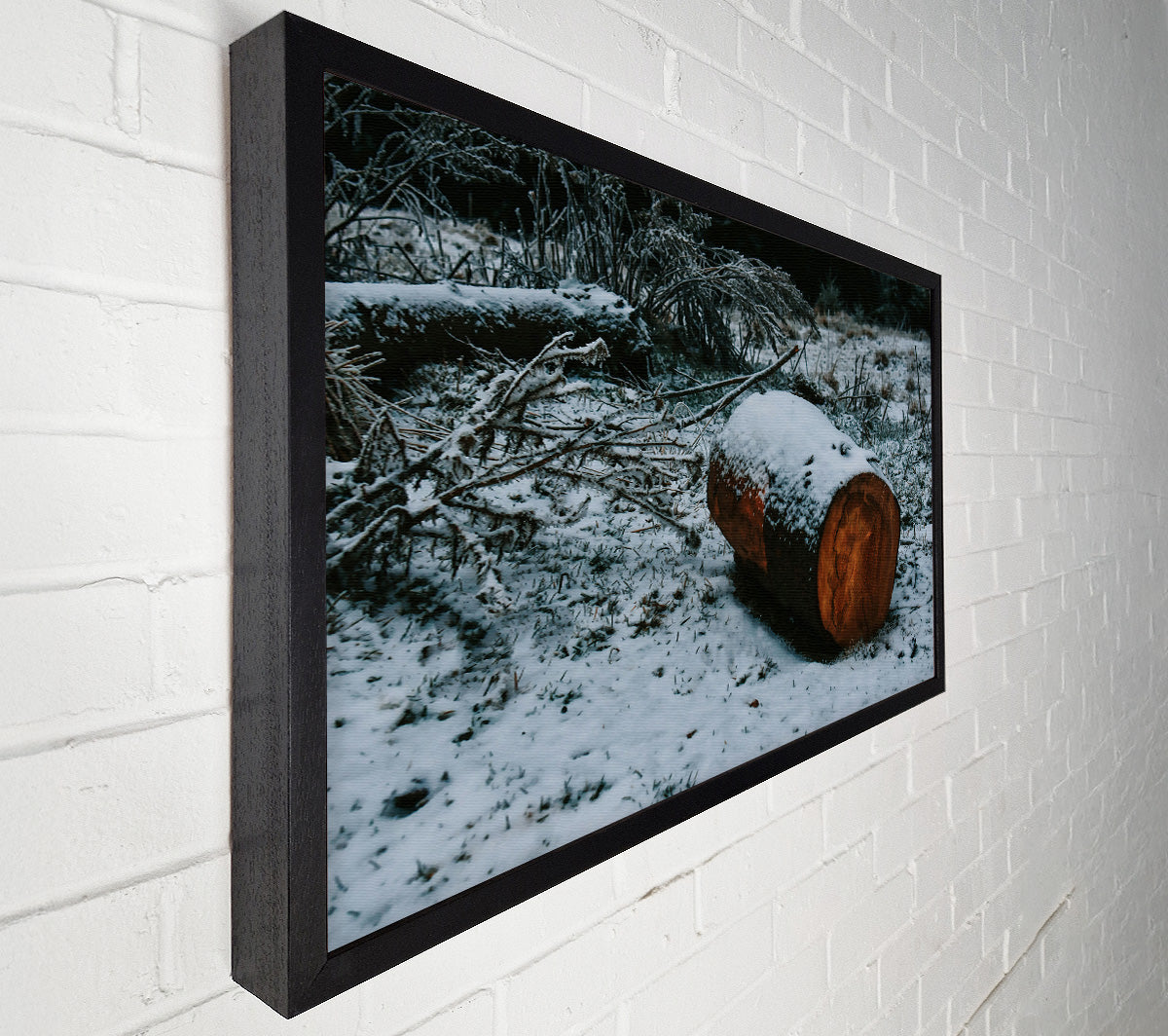 Brown Log In Snowfall Canvas Art