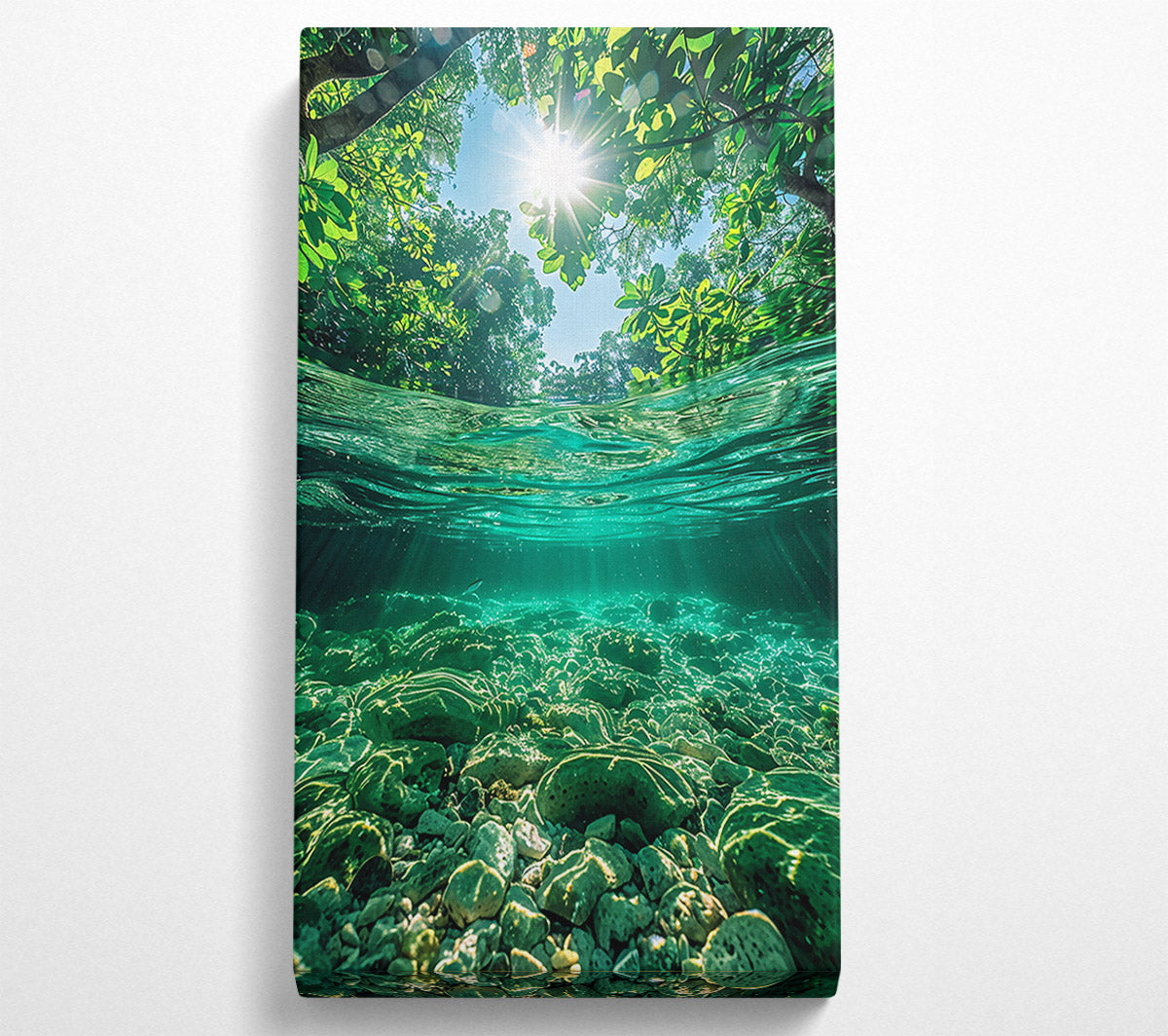 Emerald Riverbed Sunlight Canvas Wall Art