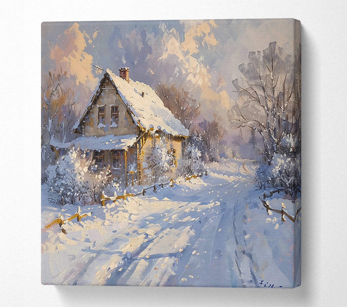 White Winter Cottage Canvas Wall Art