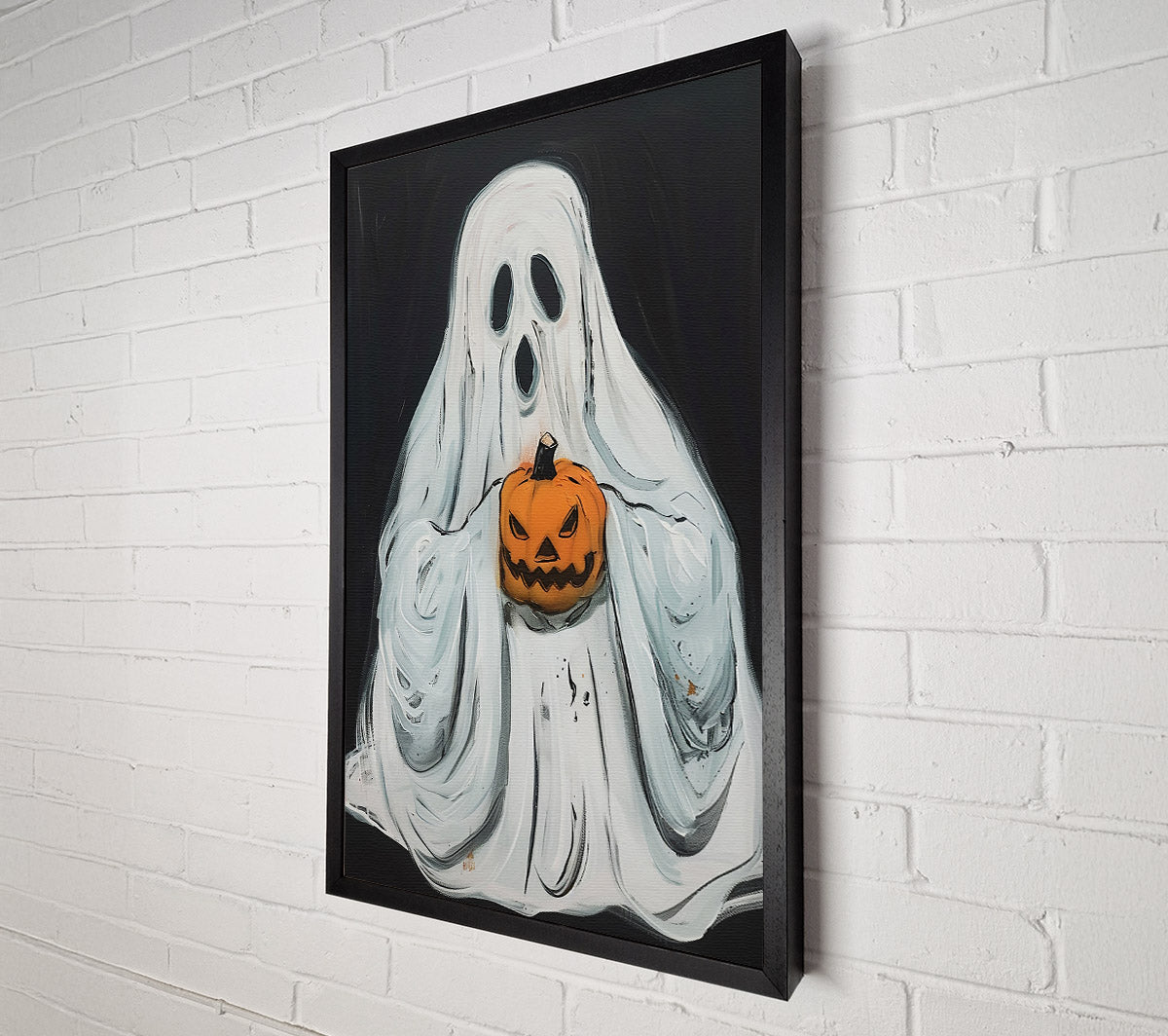 White Ghost With Pumpkin Canvas Wall Art