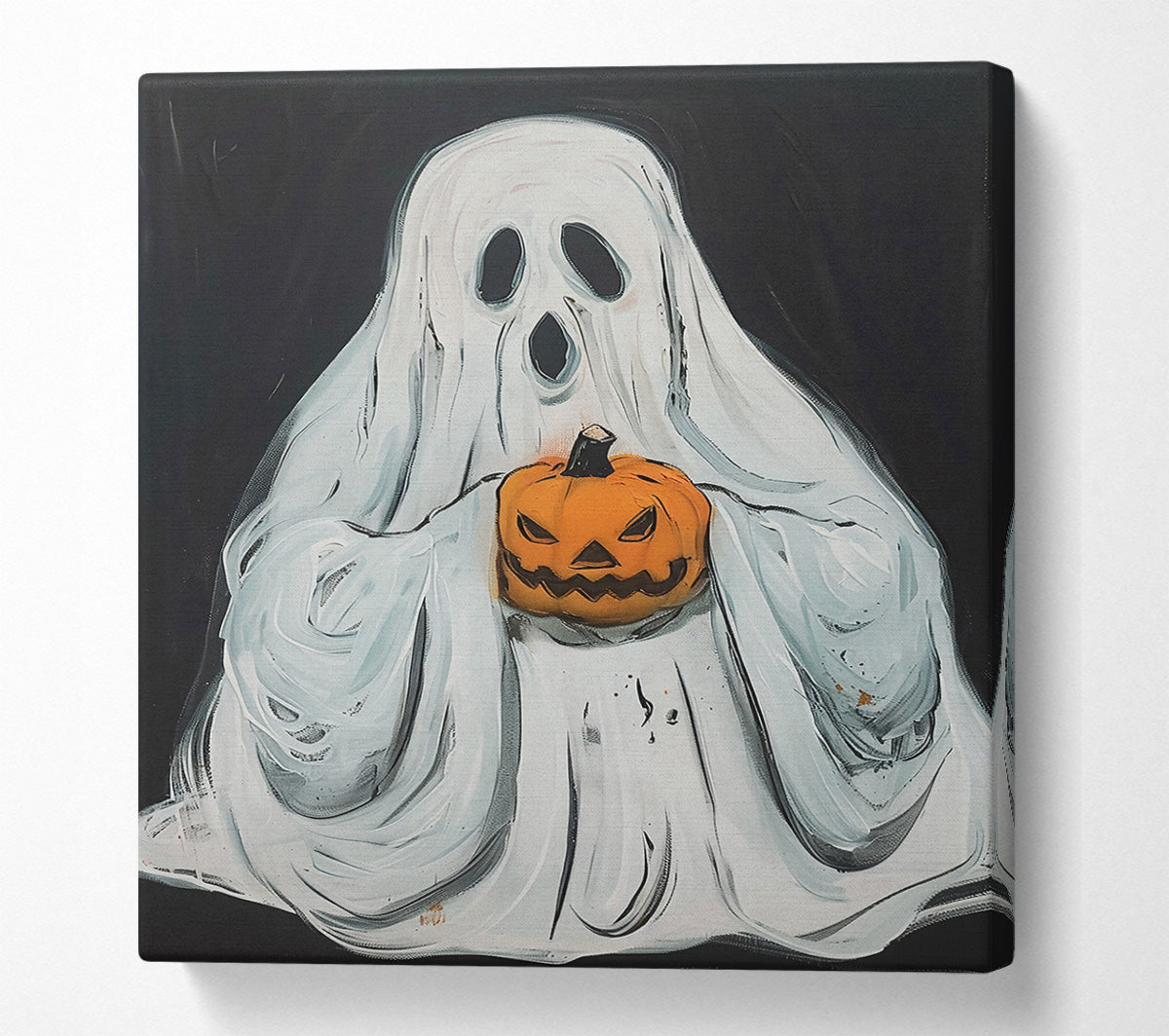 White Ghost With Pumpkin Canvas Wall Art