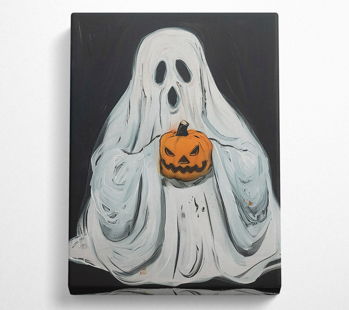 White Ghost With Pumpkin Canvas Wall Art