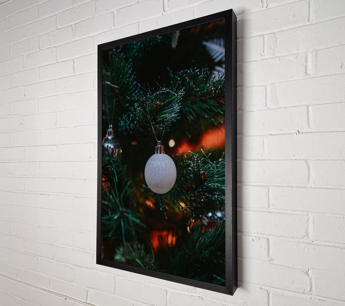 White Ornament On Green Branch. Canvas Wall Art