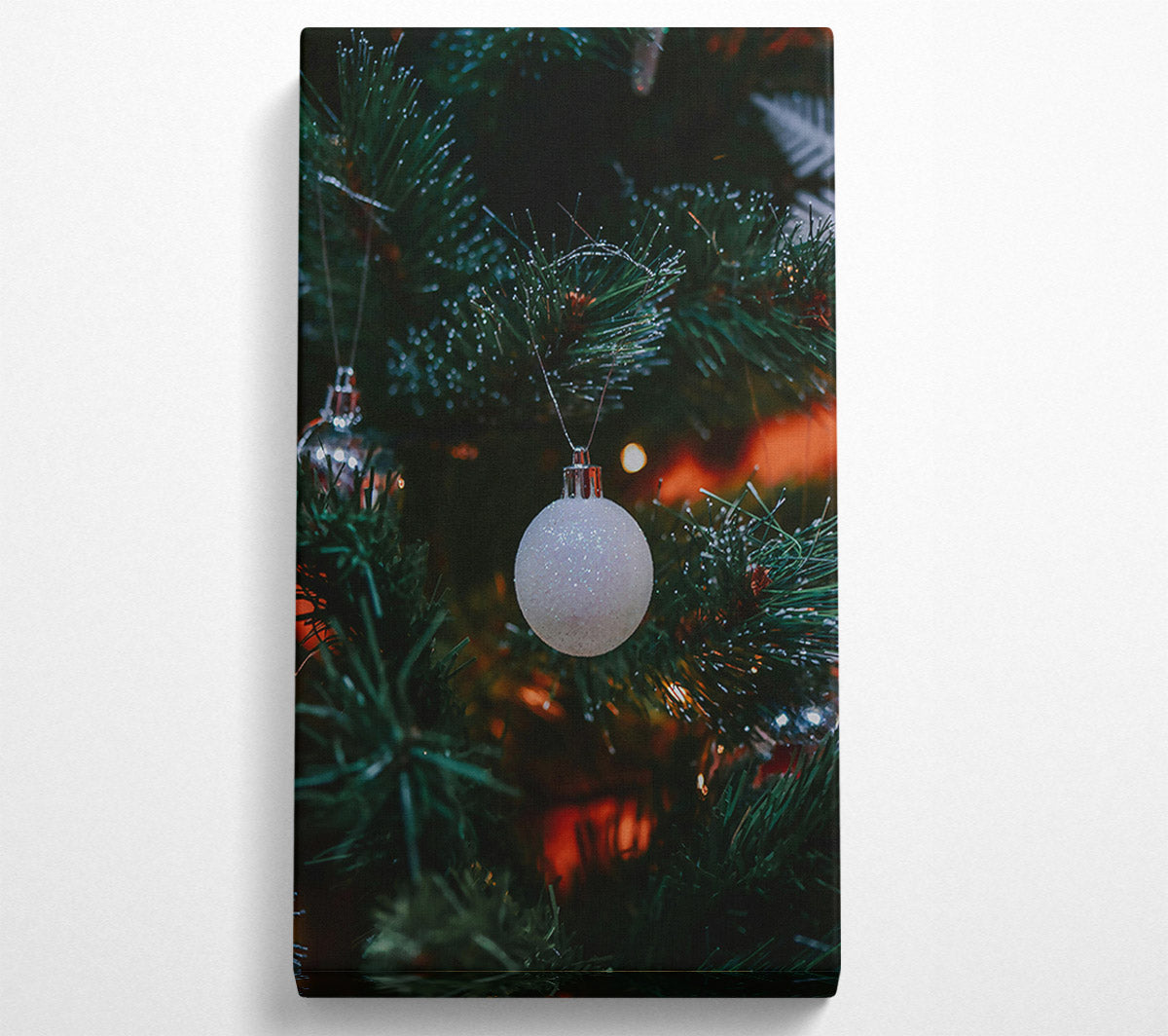 White Ornament On Green Branch. Canvas Wall Art