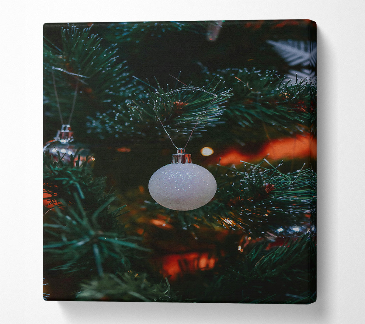 White Ornament On Green Branch. Canvas Wall Art