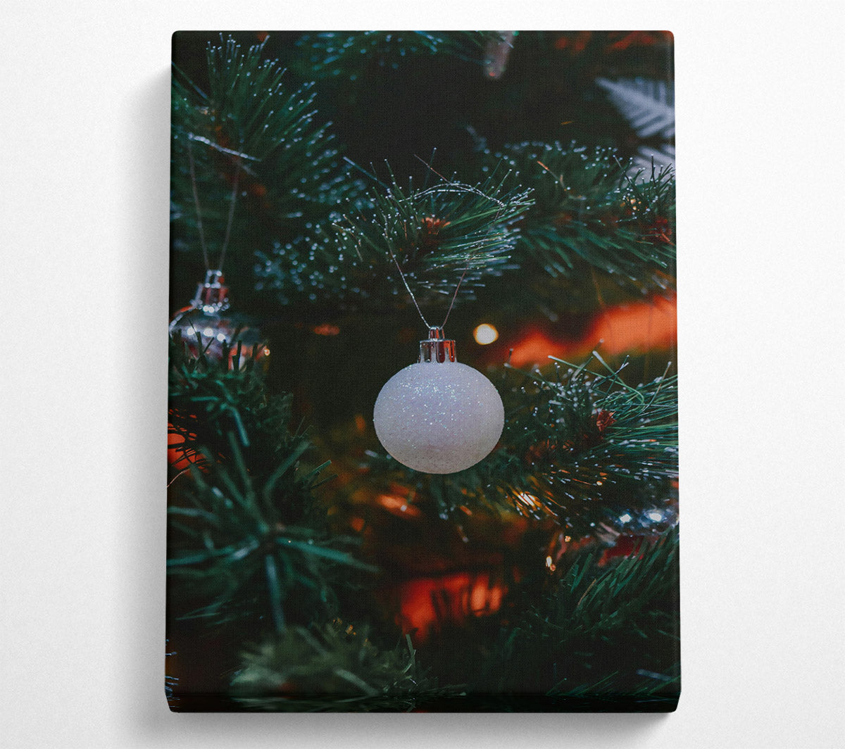 White Ornament On Green Branch. Canvas Wall Art