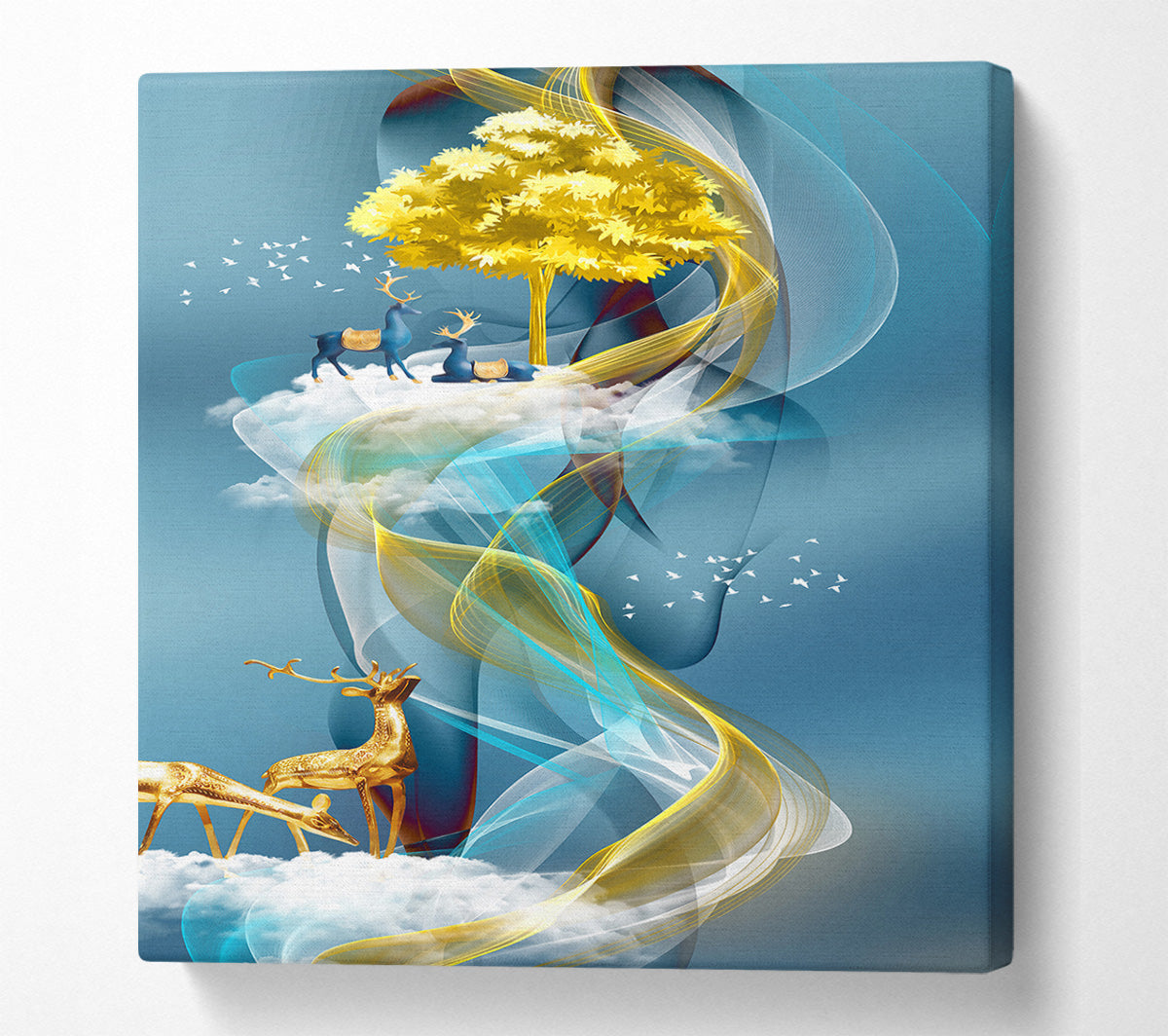 Reindeers On Swirls And Clouds Canvas Wall Art