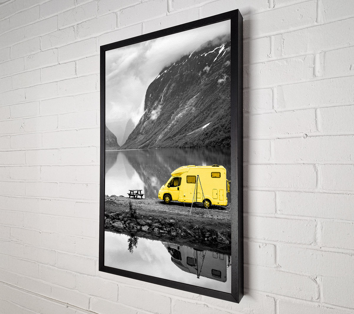 Yellow Campervan At Grey Lake Canvas Wall Art