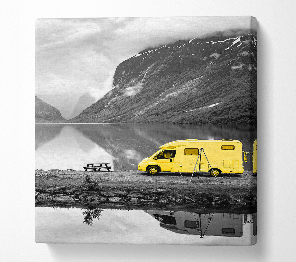 Yellow Campervan At Grey Lake Canvas Wall Art