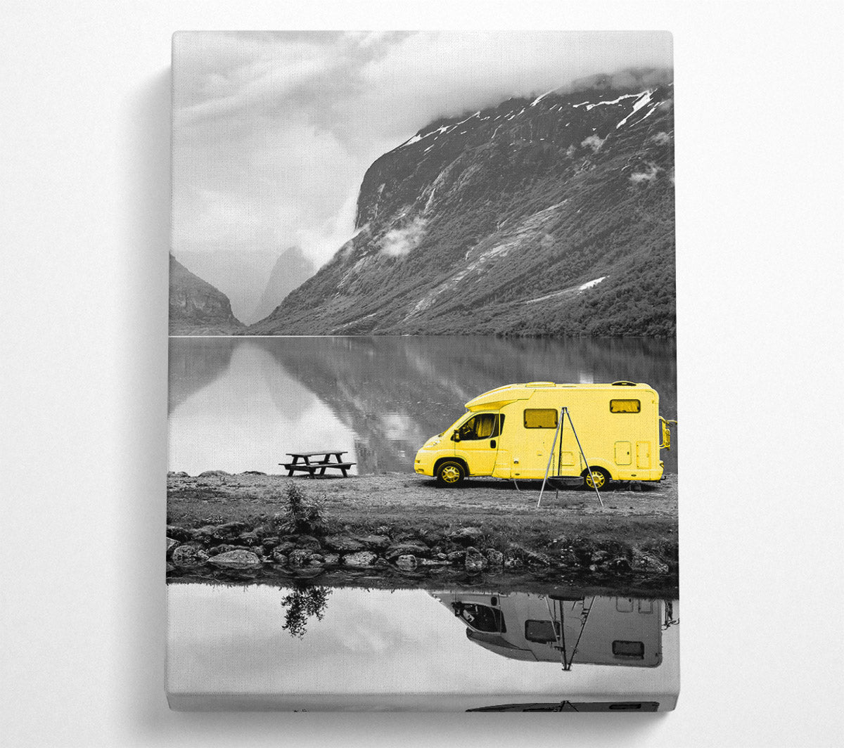 Yellow Campervan At Grey Lake Canvas Wall Art