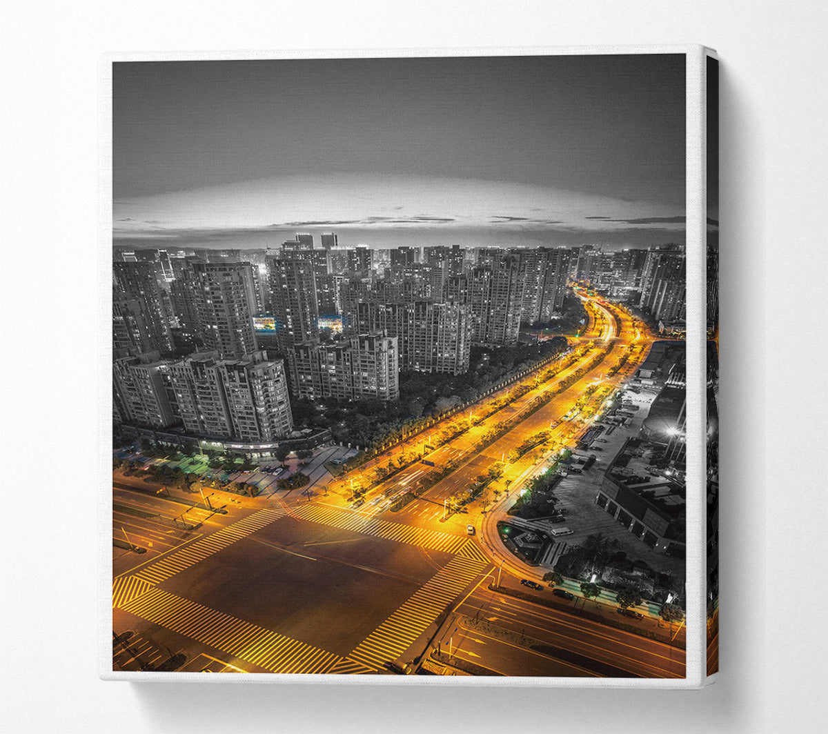 Yellow Road In City View Canvas Wall Art