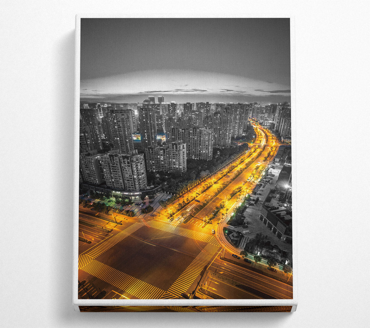 Yellow Road In City View Canvas Wall Art