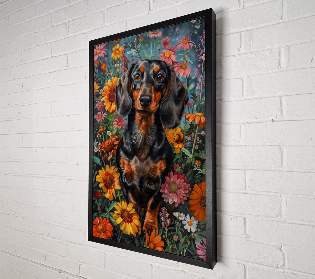 Doxie In The Daffodils Canvas Wall Art