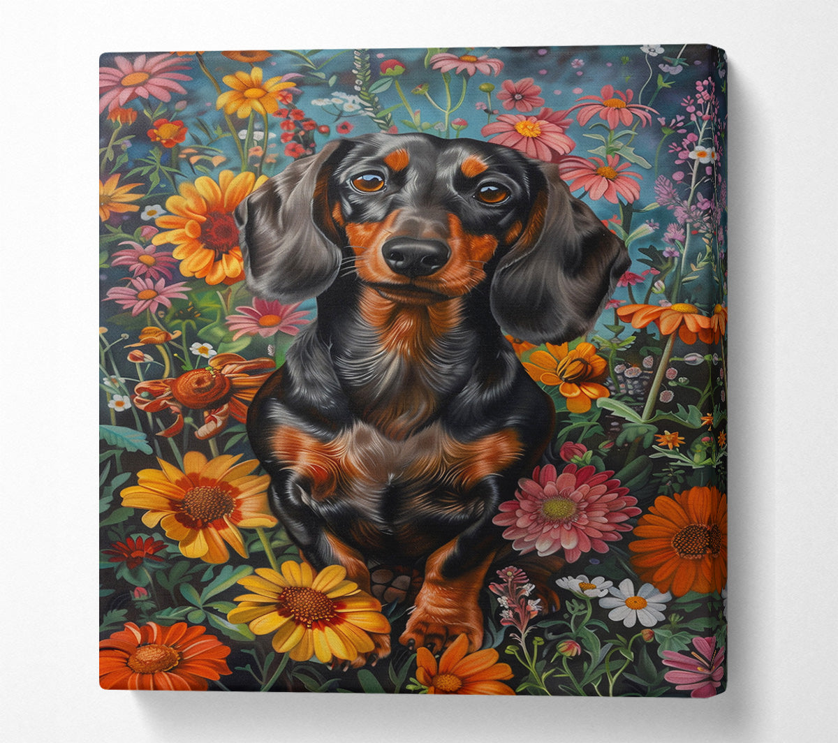 Doxie In The Daffodils Canvas Wall Art