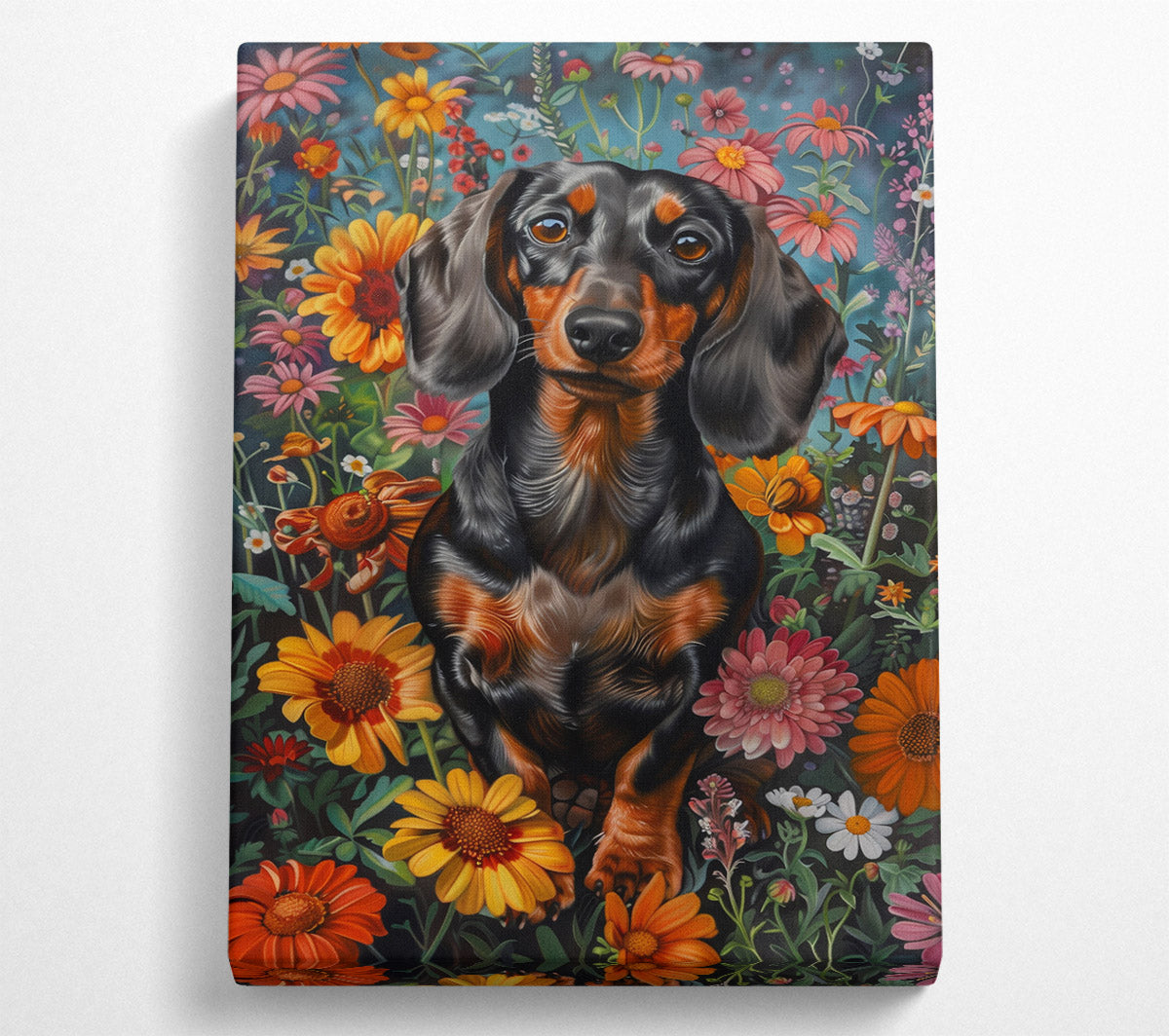 Doxie In The Daffodils Canvas Wall Art