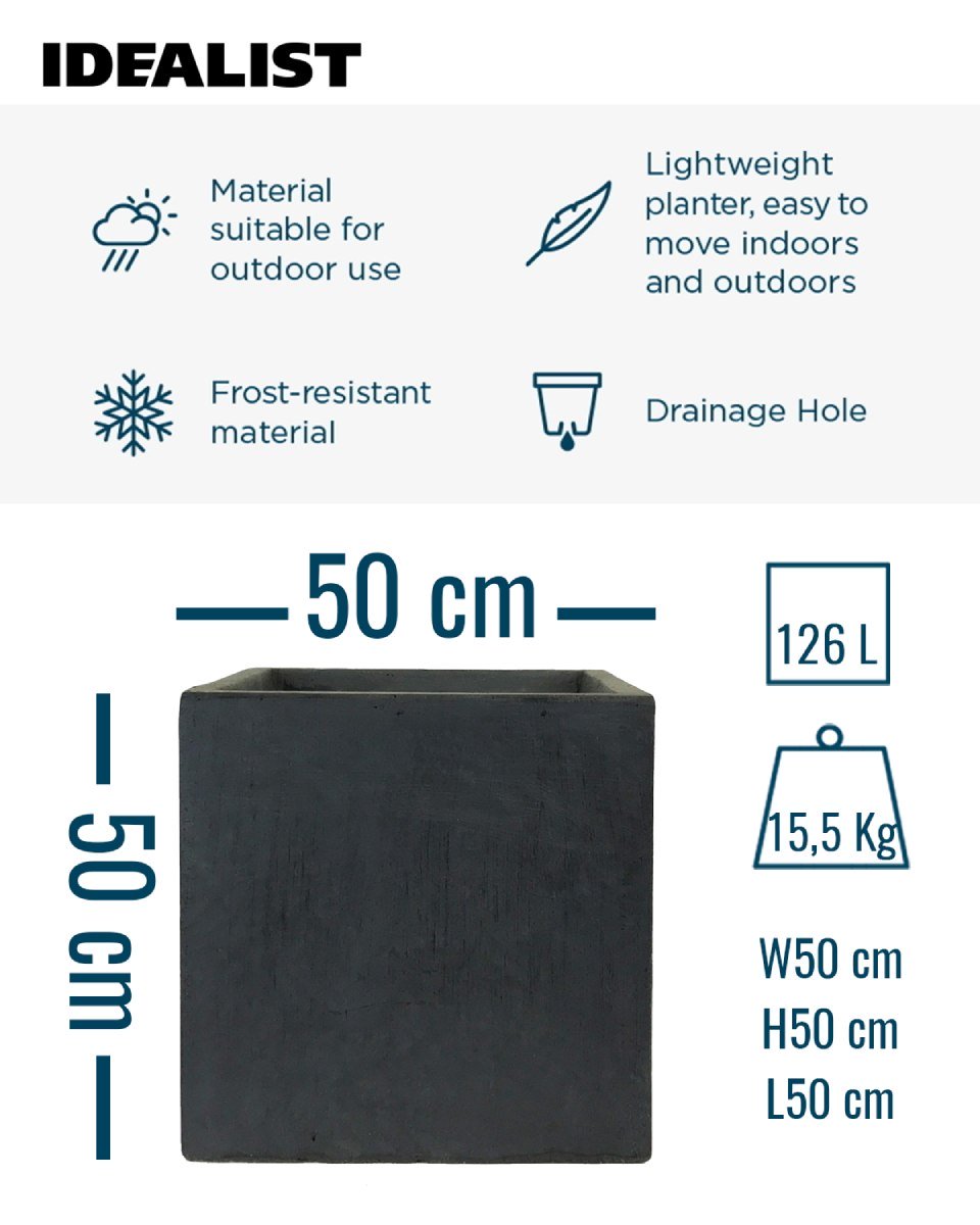 IDEALIST Lite Contemporary Flower Box Square Garden Planter, Faux Lead Light Concrete Outdoor Large Plant Pot H50 L50 W50 cm, 126L