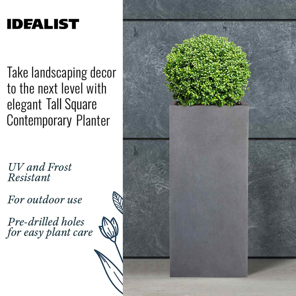 IDEALIST Lite Contemporary Faux Lead Light Concrete Garden Tall Square Planter, Outdoor Plant Pot H50 L21 W21 cm, 22L